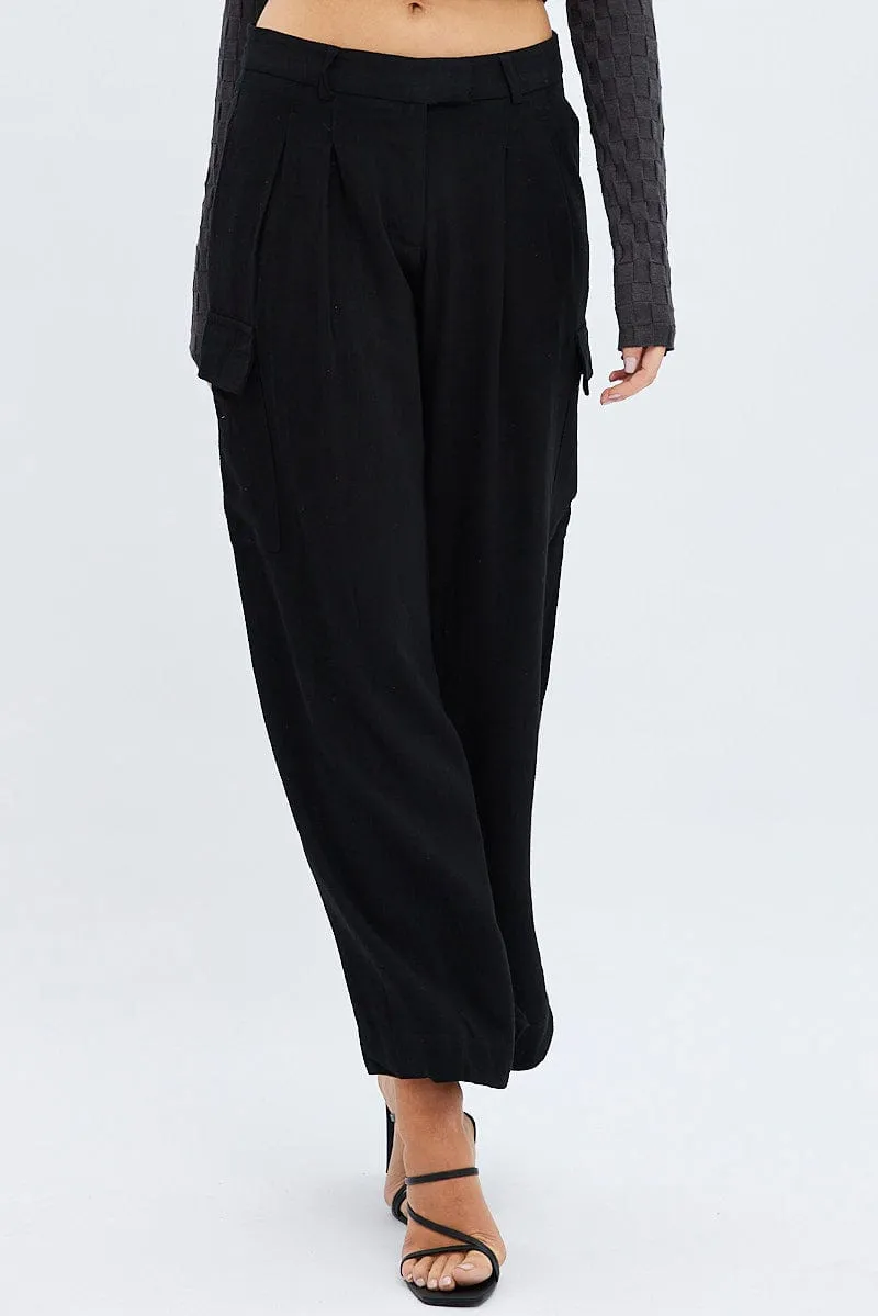 Feminine Fit Temperature Regulating Black Cargo Pants Low Rise Wide Leg