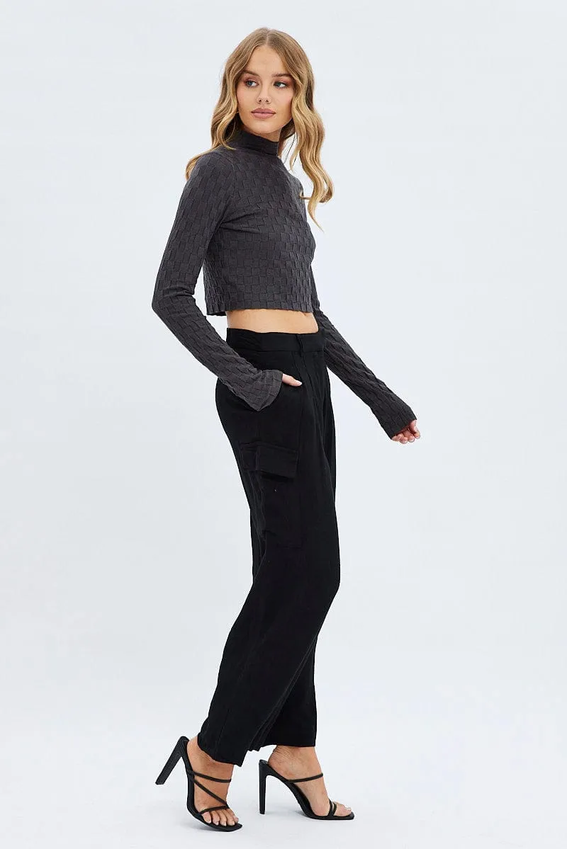 Pocket Reinforcement FlexibleStretchWeave Black Cargo Pants Low Rise Wide Leg