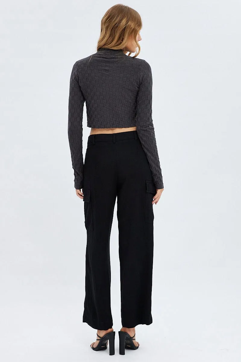 Black Cargo Pants Low Rise Wide Leg Easy Travel Flexible Design