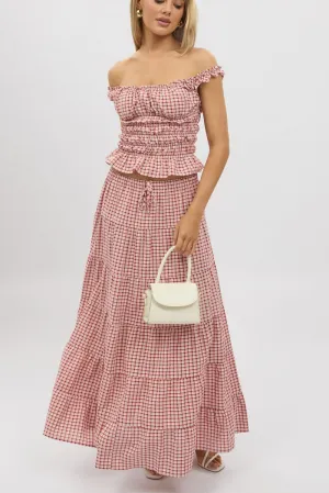 Red Check Maxi Skirt Tiered High Rise Non Irritating Edges birthday party