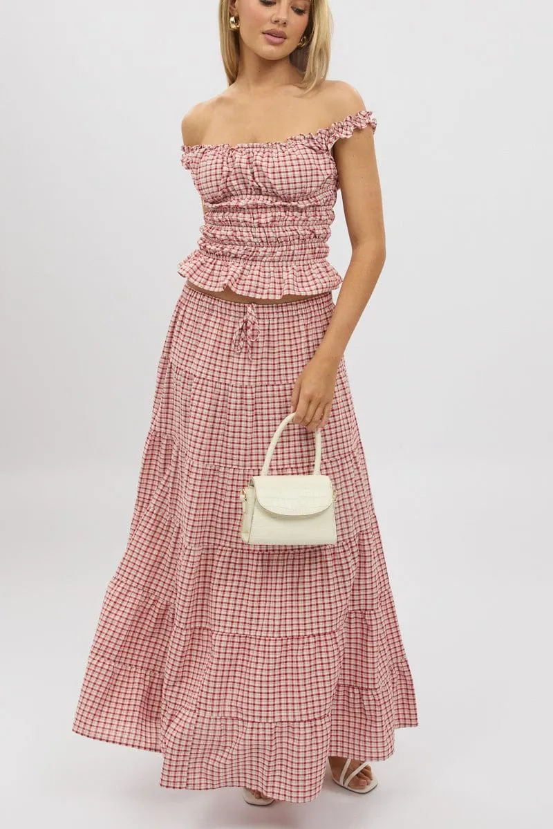 Red Check Maxi Skirt Tiered High Rise Non Irritating Edges birthday party