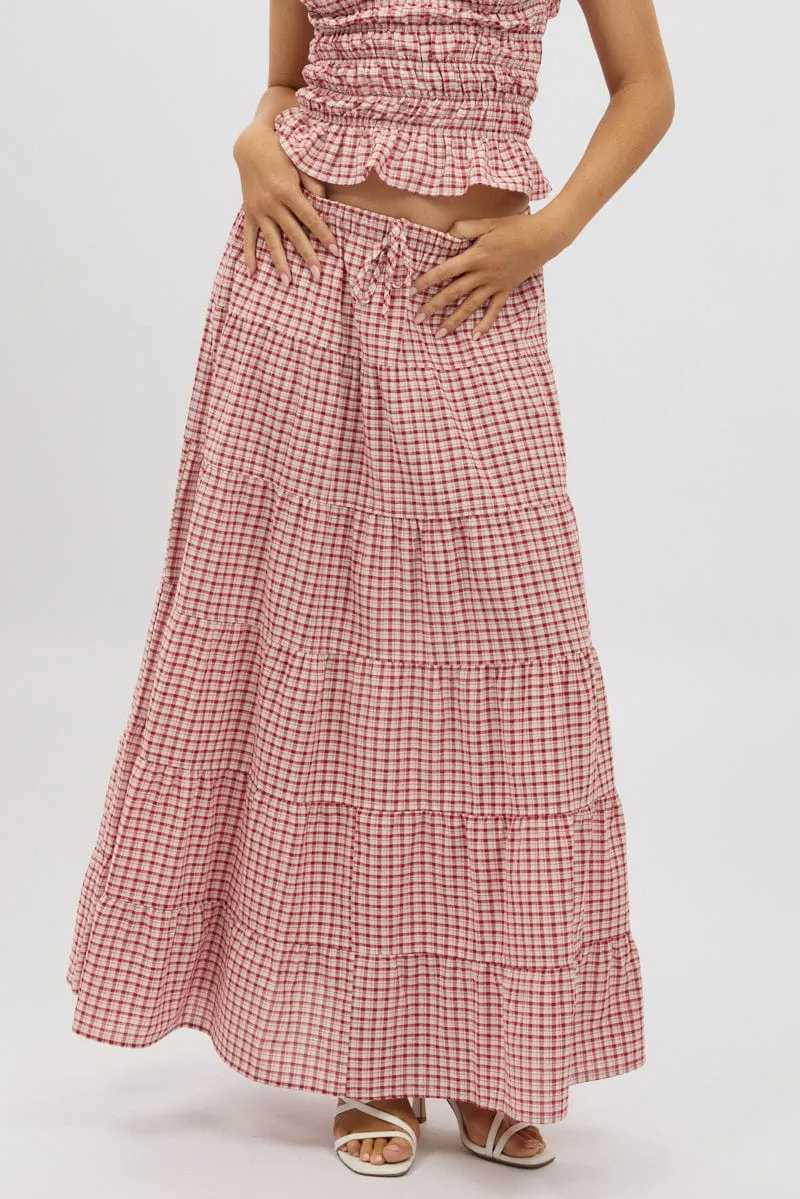 Simple Flow Winter Layering Red Check Maxi Skirt Tiered High Rise