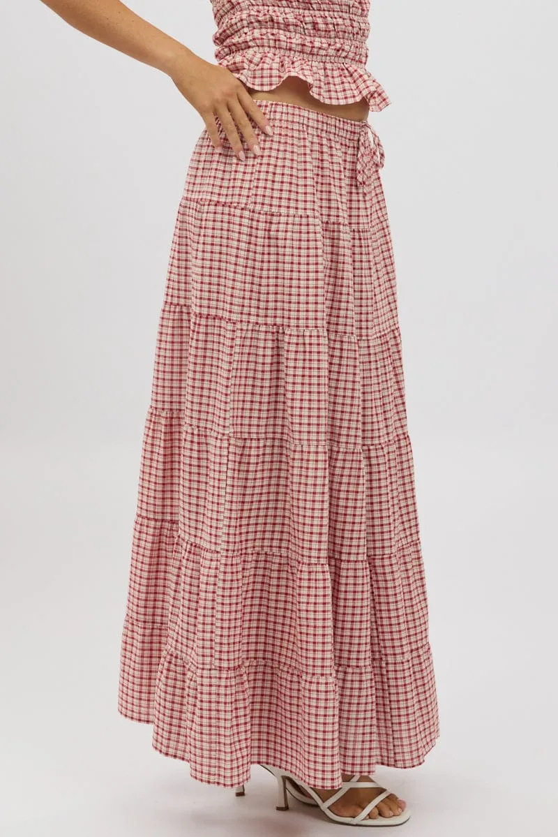 Friction Free Crisp Fit Red Check Maxi Skirt Tiered High Rise