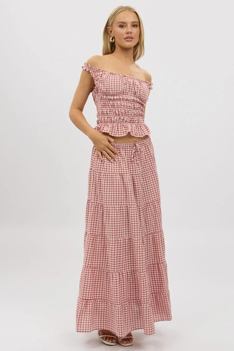 Red Check Maxi Skirt Tiered High Rise Signature Line Business Meeting