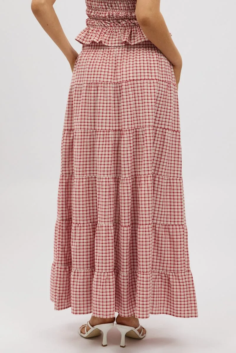 Red Check Maxi Skirt Tiered High Rise Signature Detail Relaxed Vibe