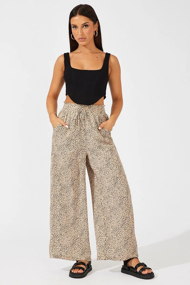 Travel Essential Beige Animal Print Wide Leg Pants High Rise
