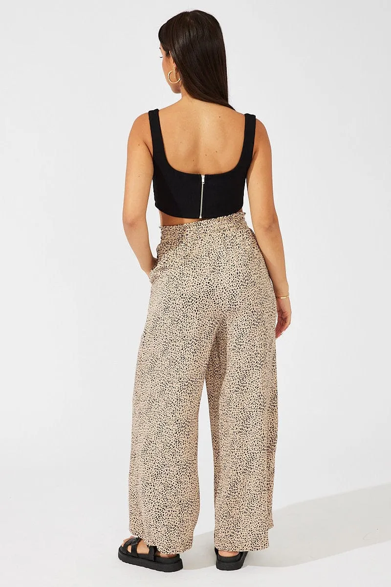Thermal Lining Beige Animal Print Wide Leg Pants High Rise