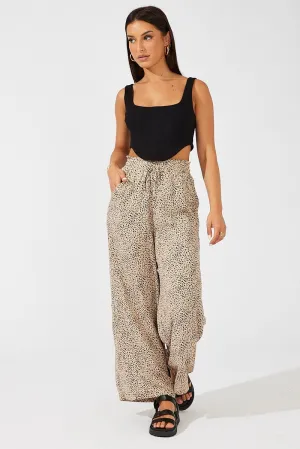 Beige Animal Print Wide Leg Pants High Rise ReinforcedBeltLoops
