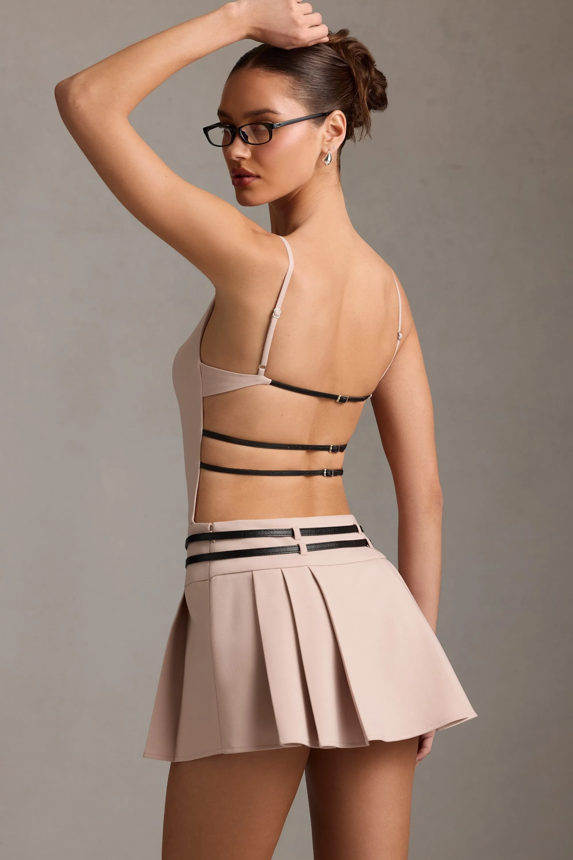 Belted Backless Pleated Mini Dress in Mushroom Comfy Fashion