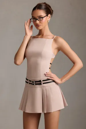 Belted Backless Pleated Mini Dress in Mushroom Comfort Look