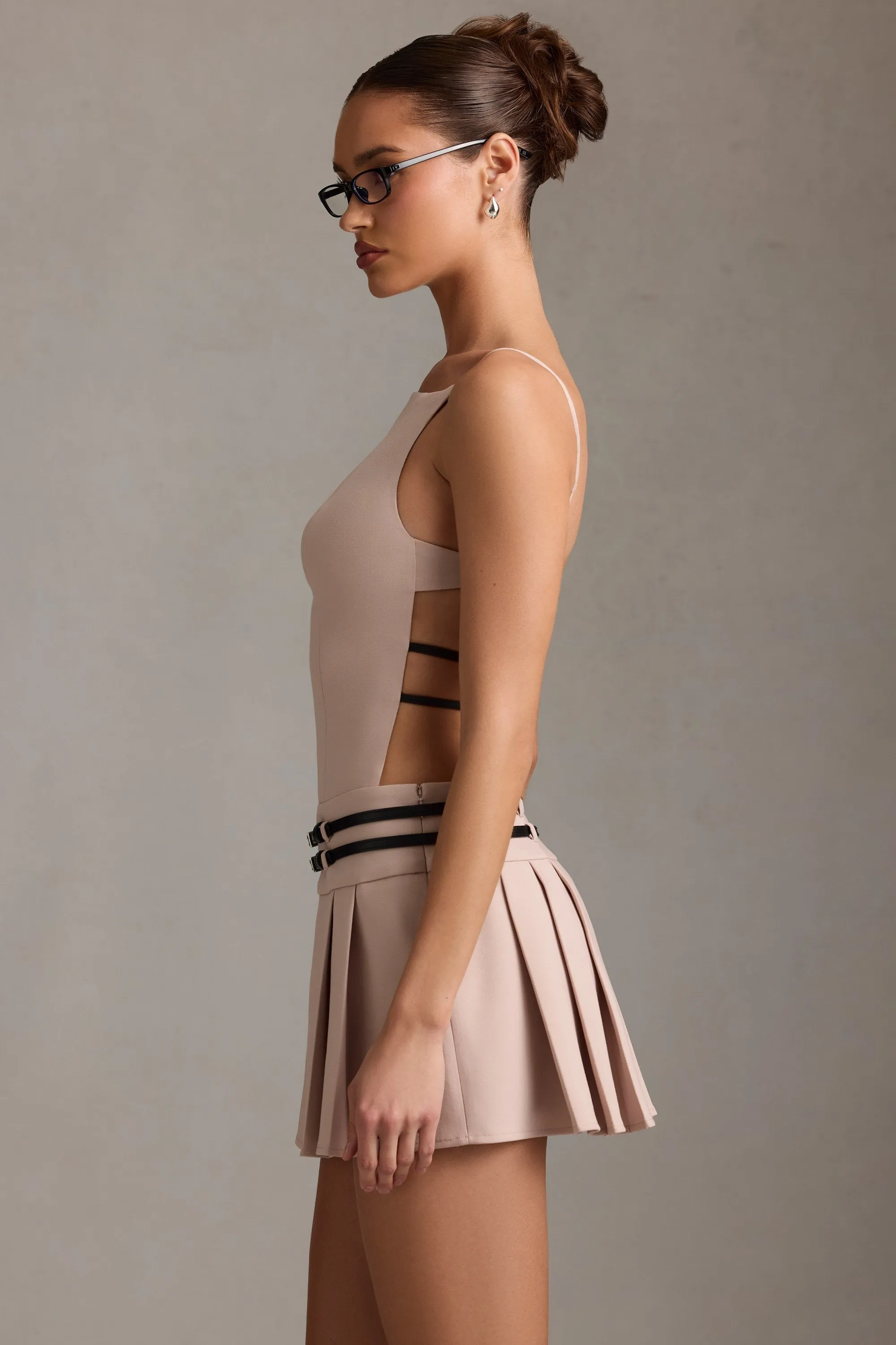 Belted Backless Pleated Mini Dress in Mushroom Slim Touch Vibrant Fashion Look
