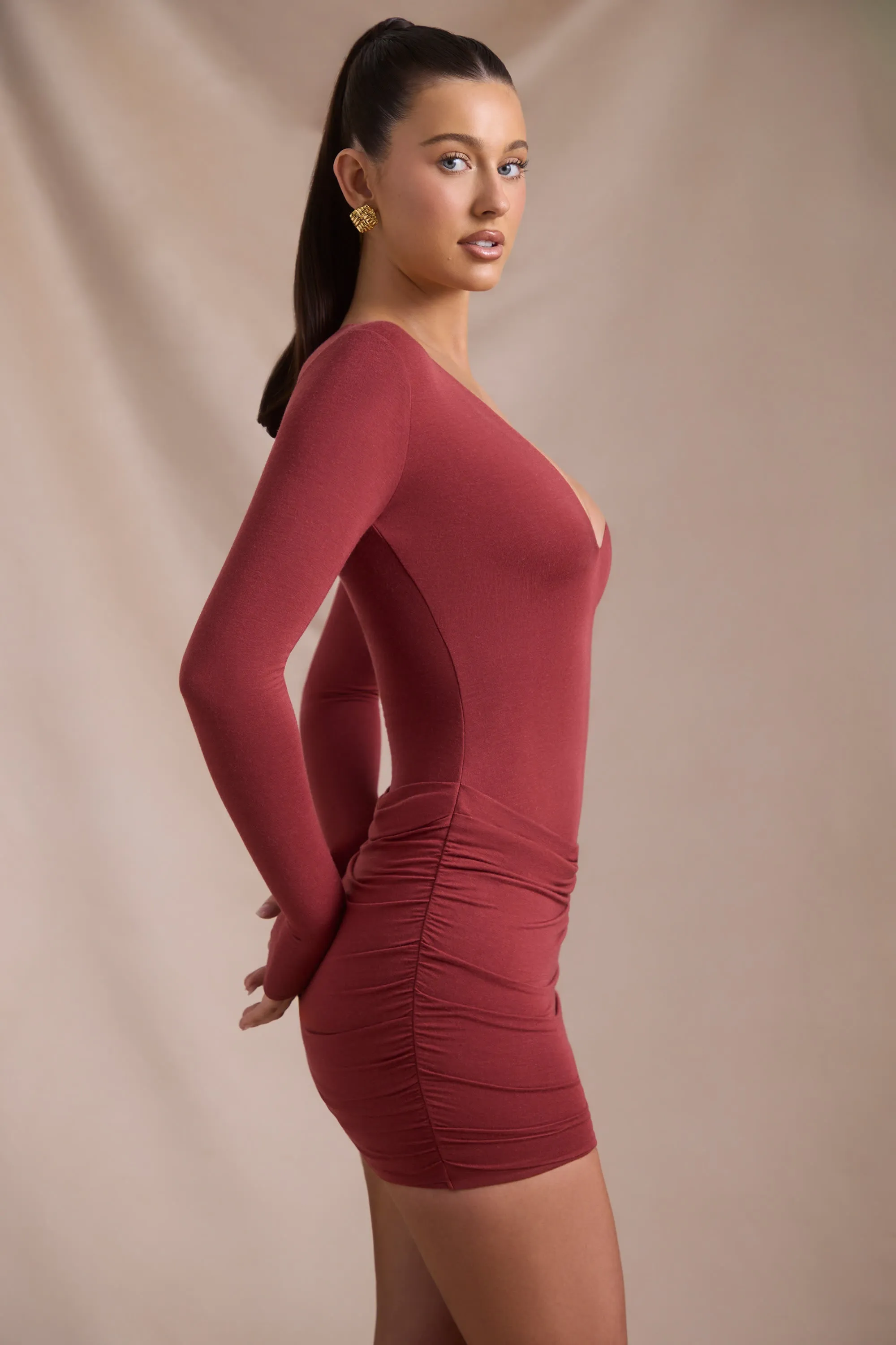 Modal-Cashmere Blend Draped Long-Sleeve Mini Dress in Brick Red Fashionable short dress for events