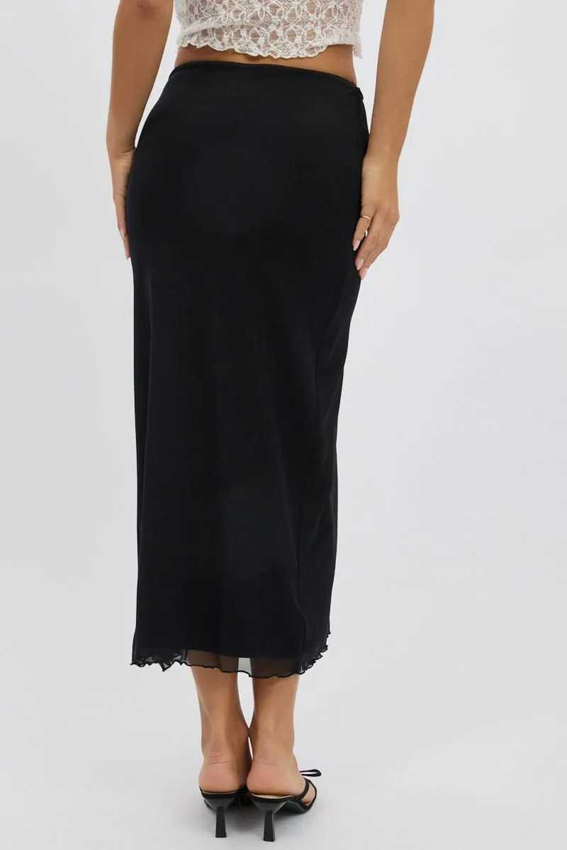 Black Maxi Skirt High Rise Ruffled Slit  Frill Hem Mesh Adjustable Fastening
