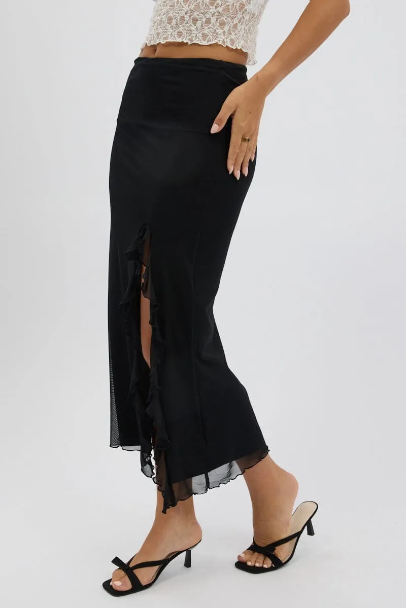 Black Maxi Skirt High Rise Ruffled Slit  Frill Hem Mesh Abrasion resistant