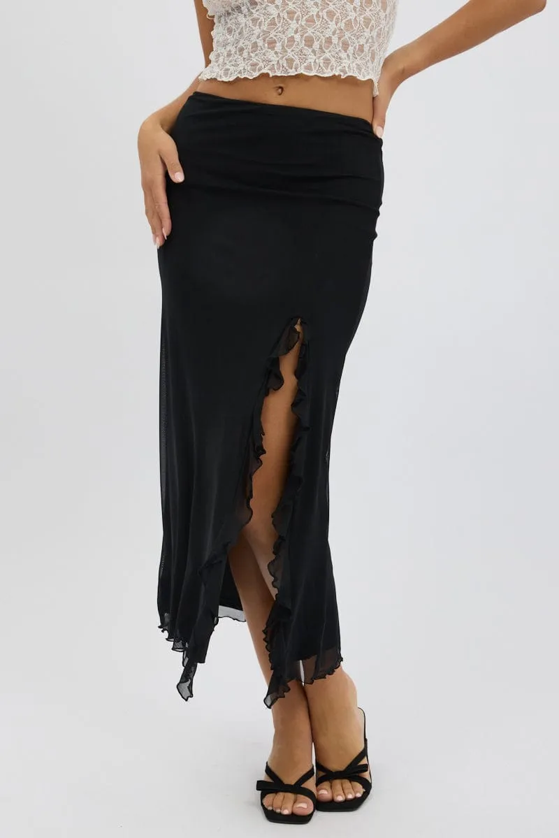 Black Maxi Skirt High Rise Ruffled Slit  Frill Hem Mesh anti static