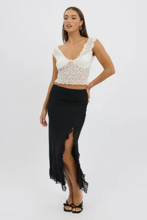 Tiered Layers Wardrobe Classic Black Maxi Skirt High Rise Ruffled Slit  Frill Hem Mesh