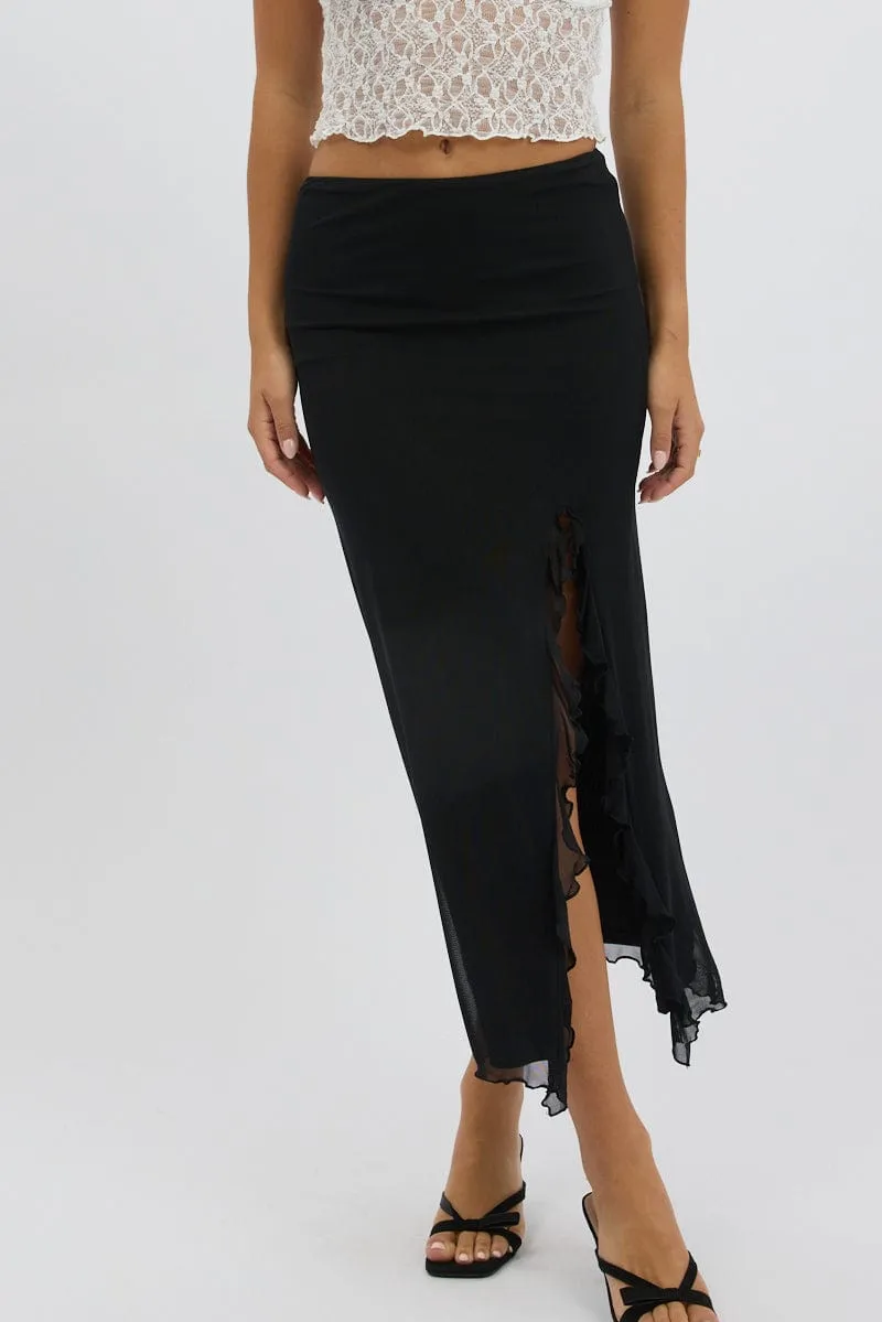 Maxi length Black Maxi Skirt High Rise Ruffled Slit  Frill Hem Mesh