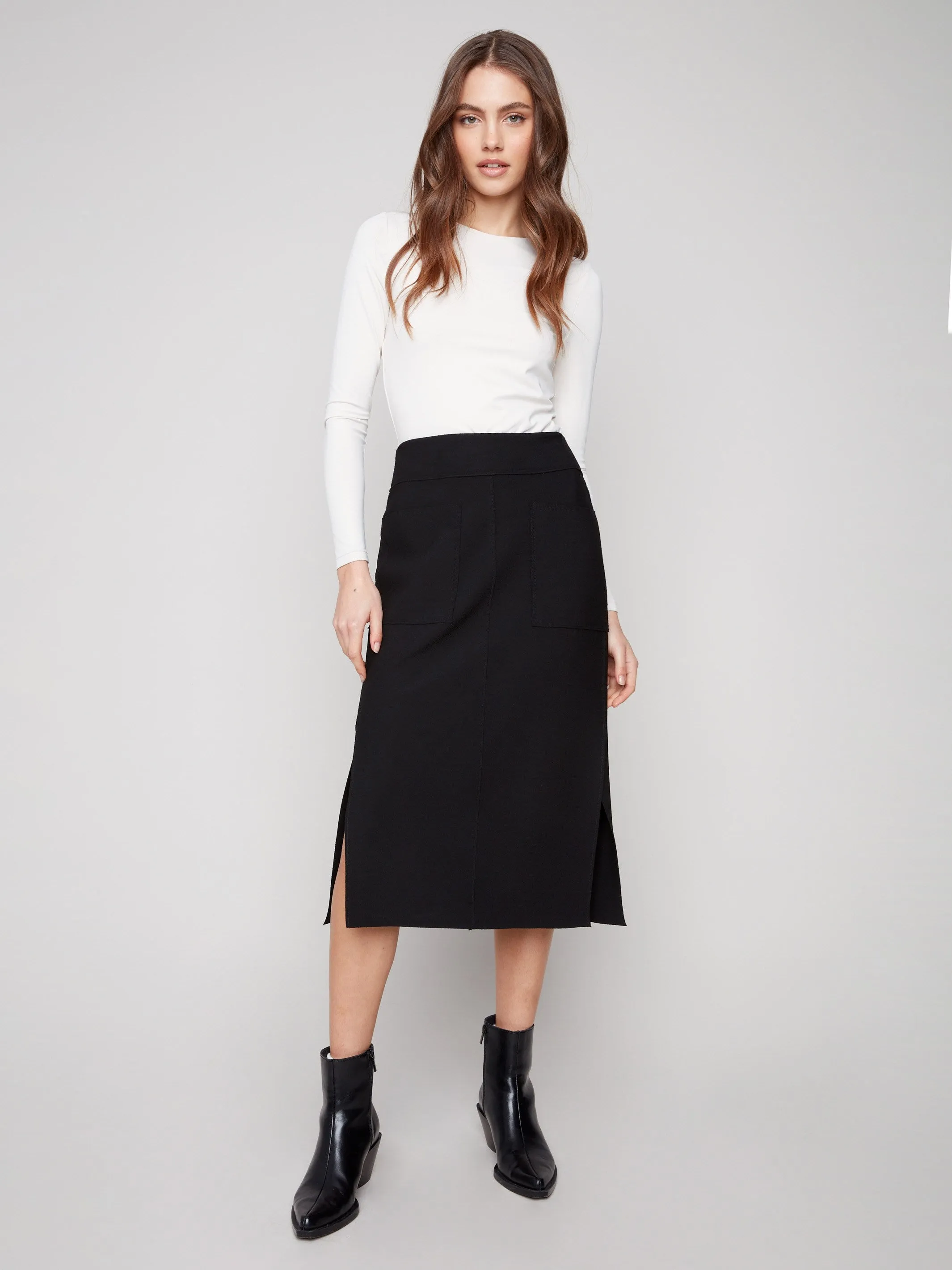 Inverted Pleats Refined Style Gutsy Crepe Skirt With Patch Pockets - Black