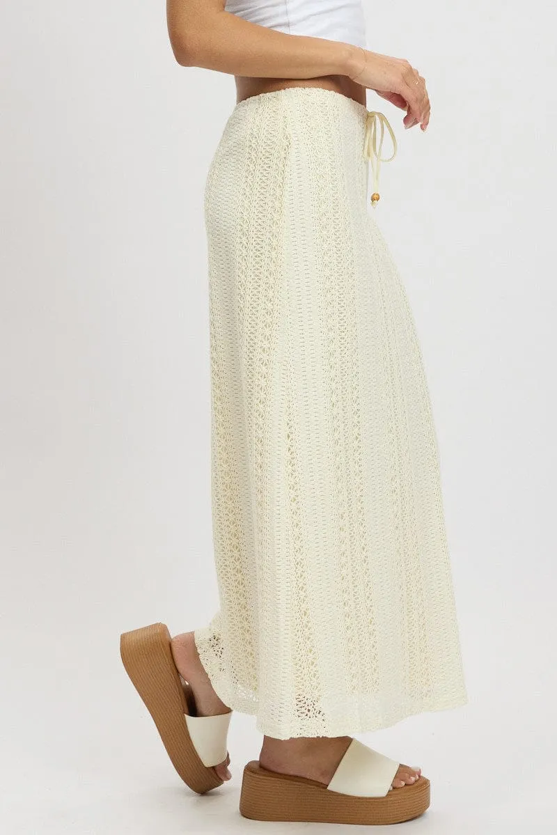 Cashmere Touch Adjustable Waist White Crochet Maxi Skirt High Rise Relaxed Lined