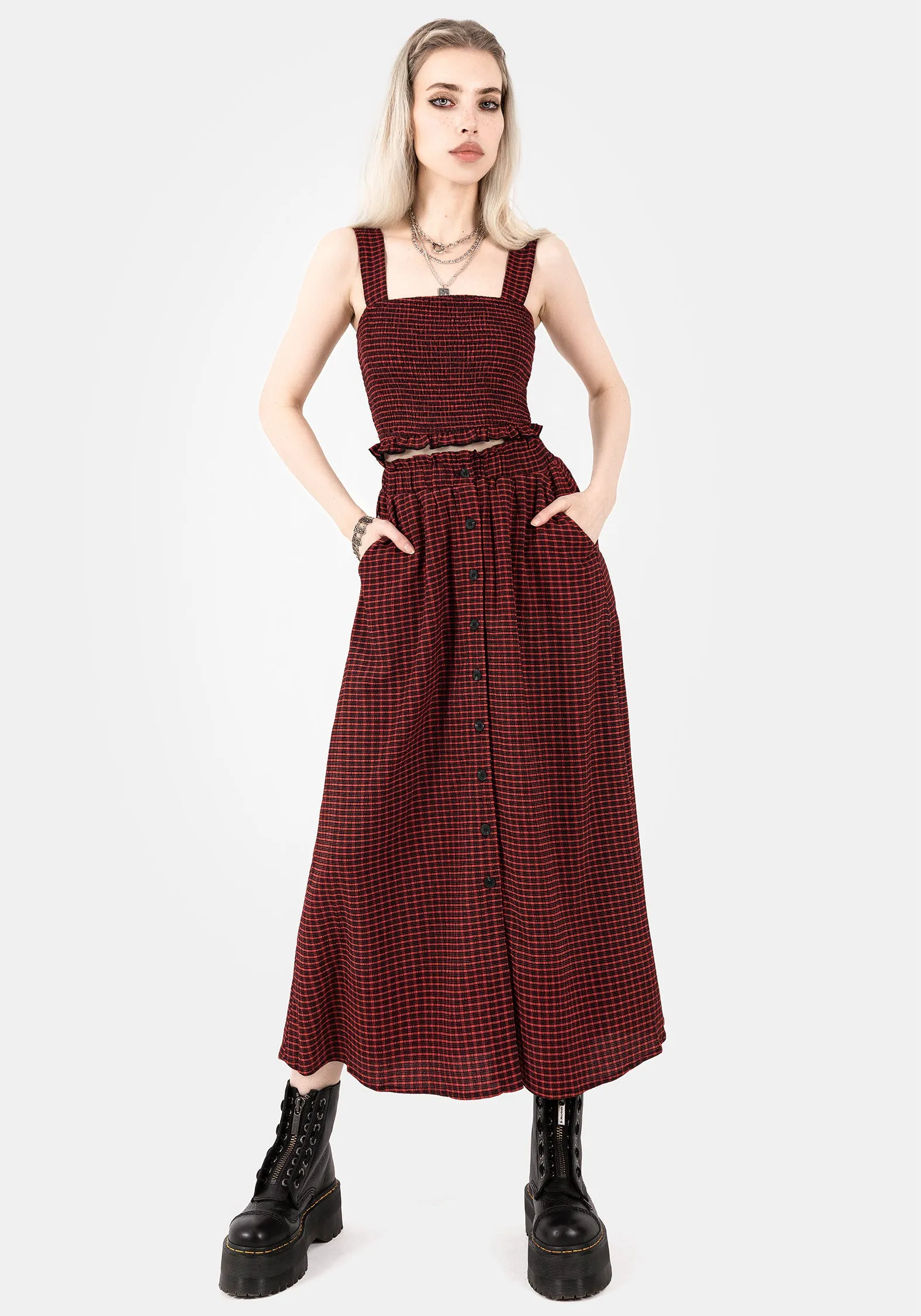 Carmine Textured Check Button Up Midaxi Skirt Trendy Style