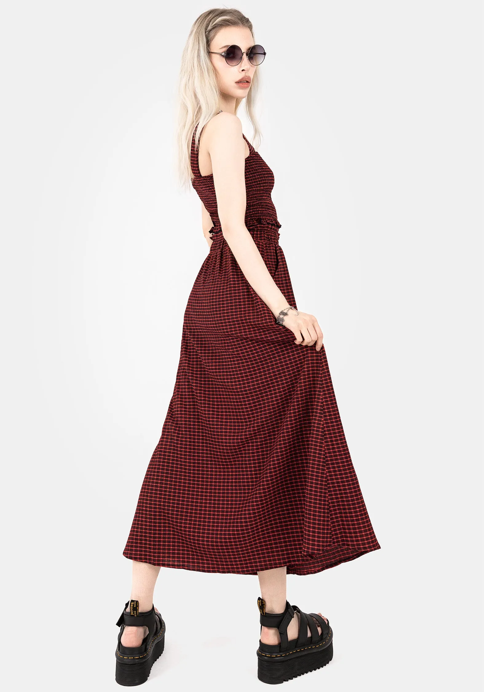 Eco Friendly Dye Spring Must Have Carmine Textured Check Button Up Midaxi Skirt