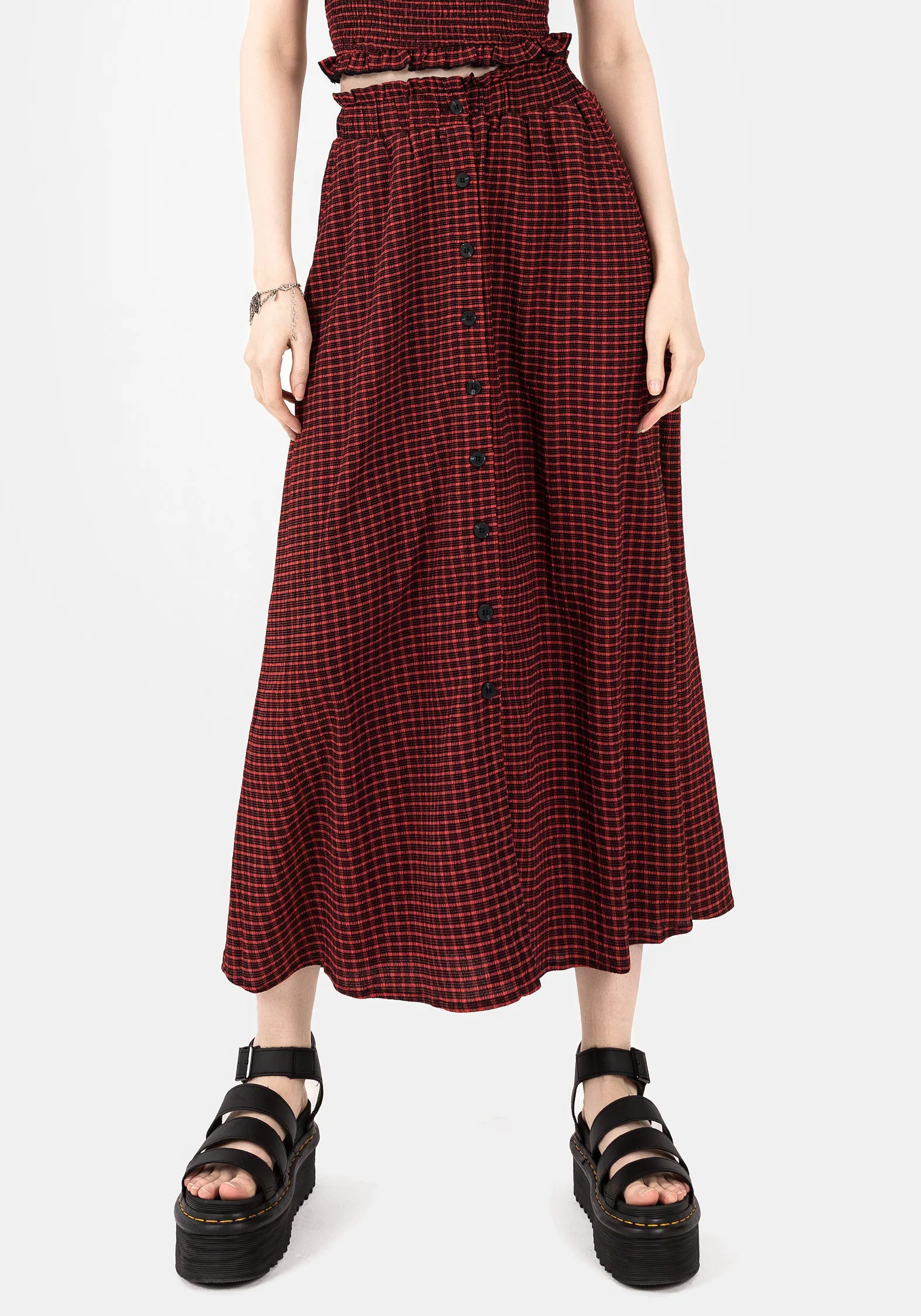 Carmine Textured Check Button Up Midaxi Skirt Detail Focus Easy Combo