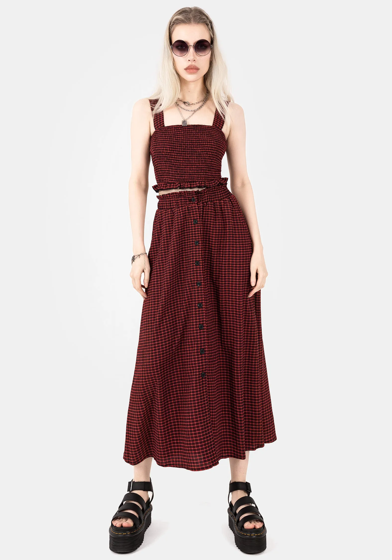 Carmine Textured Check Button Up Midaxi Skirt City Look Minimalist Chic
