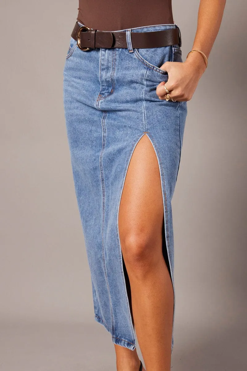 Denim Maxi Skirt Denim Pencil Slit Metallic Finish Drawstring closure