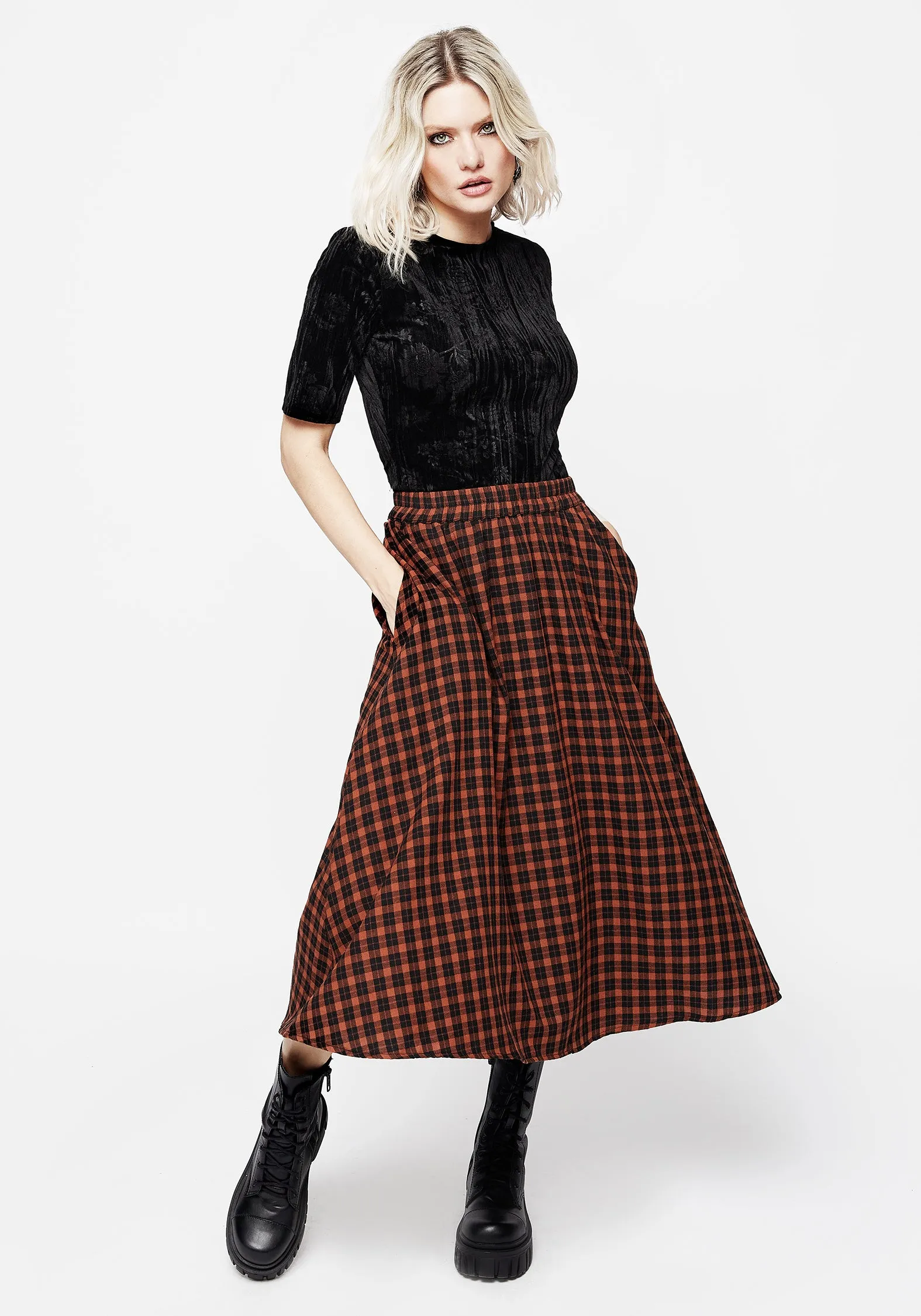 Convertible Style Outfit Vibes Terra Check Midi Skirt - Orange