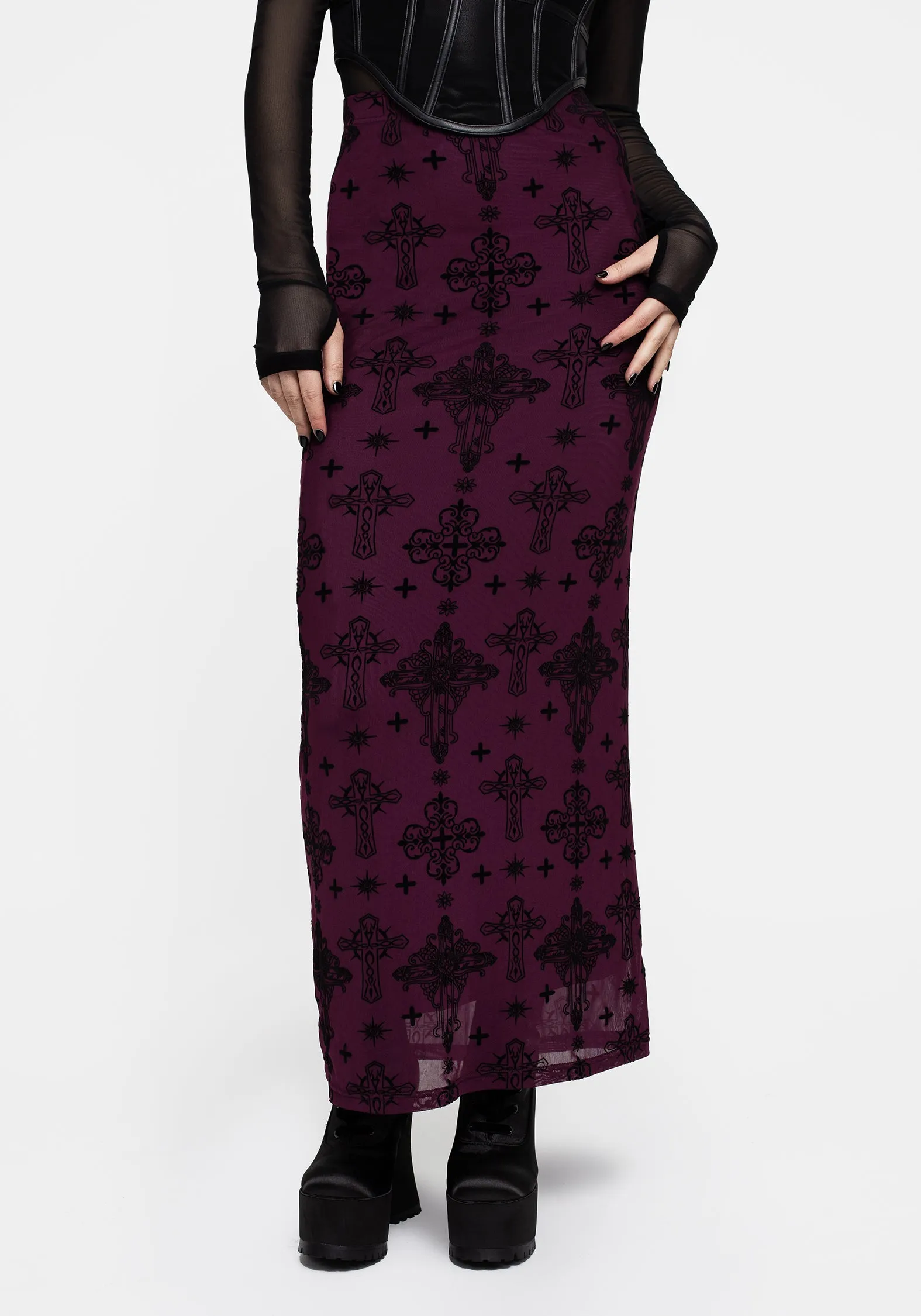 Priestess Flocked Mesh Maxi Skirt - Purple Minimal Look