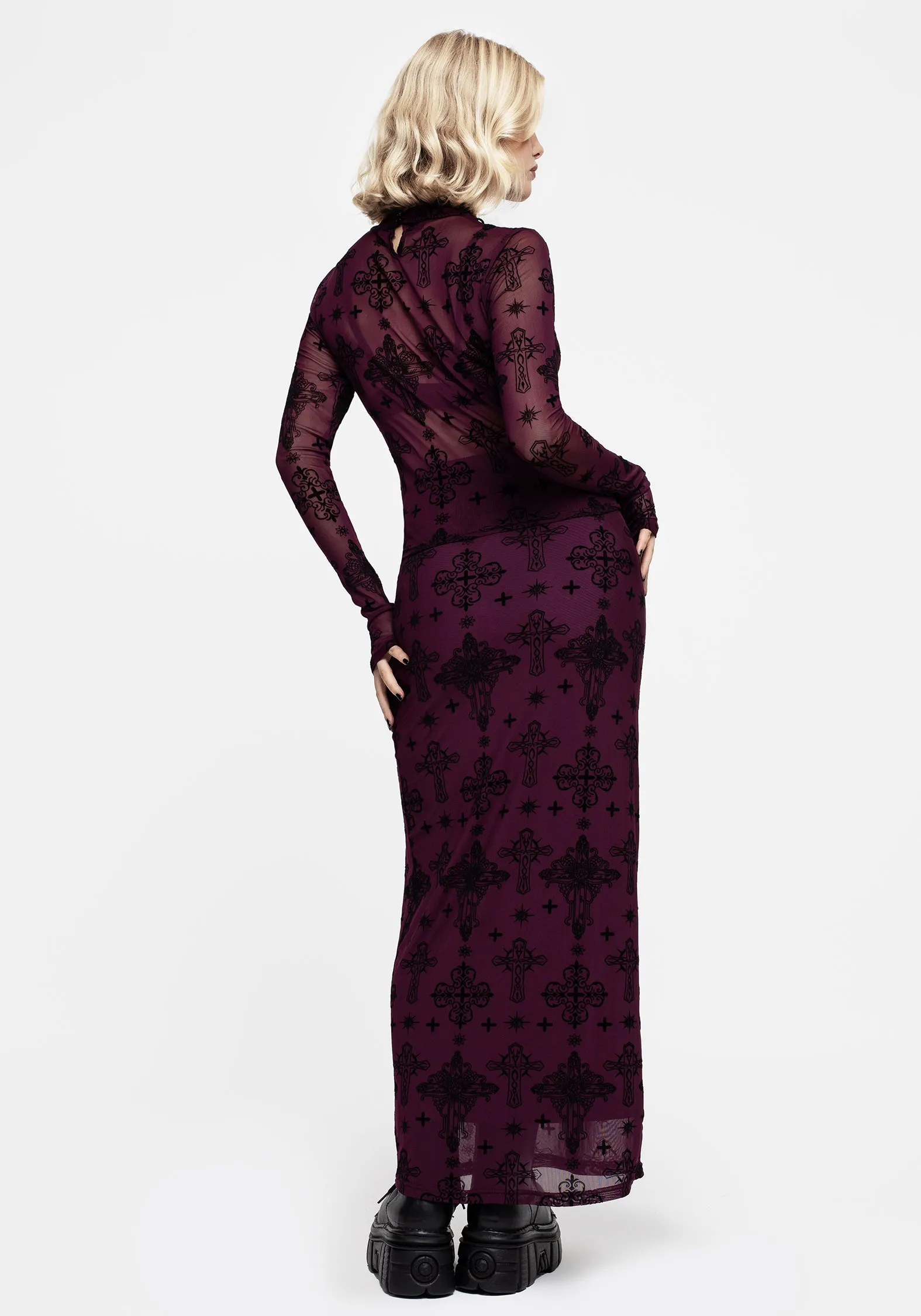 Moisture Wicking Textile Minimal Vibes Priestess Flocked Mesh Maxi Skirt - Purple