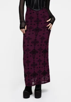 Priestess Flocked Mesh Maxi Skirt - Purple Minimal Look