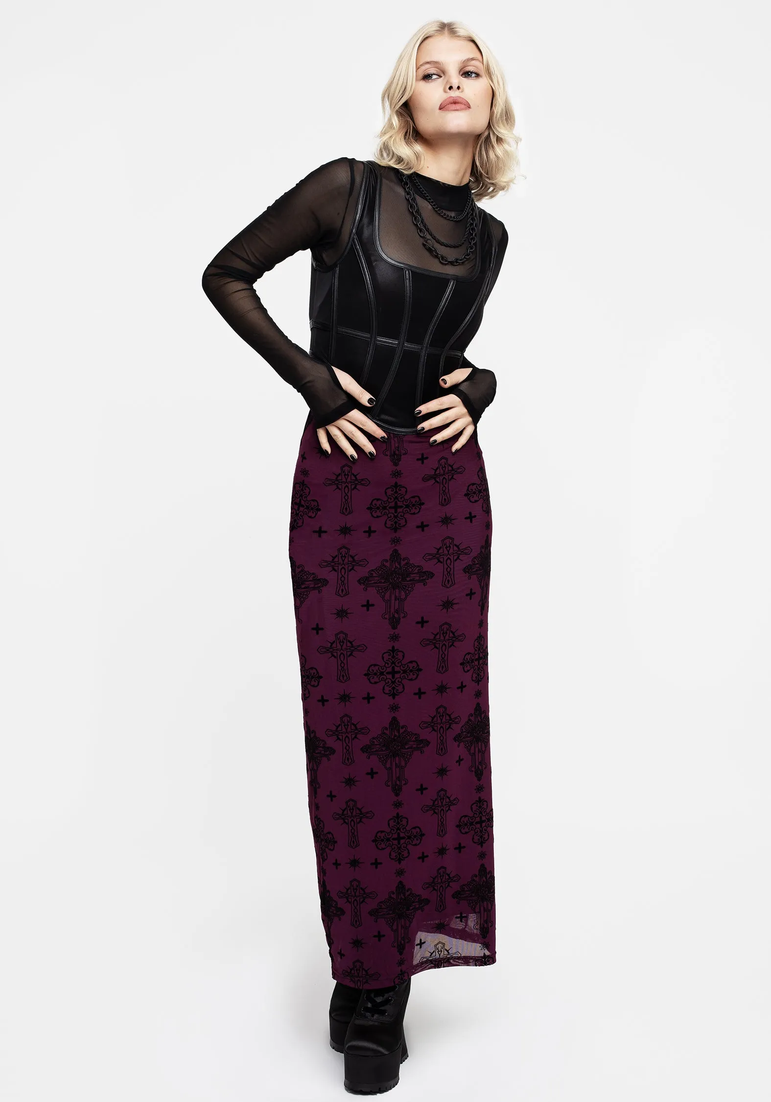 Plus size option Seamless Design Priestess Flocked Mesh Maxi Skirt - Purple