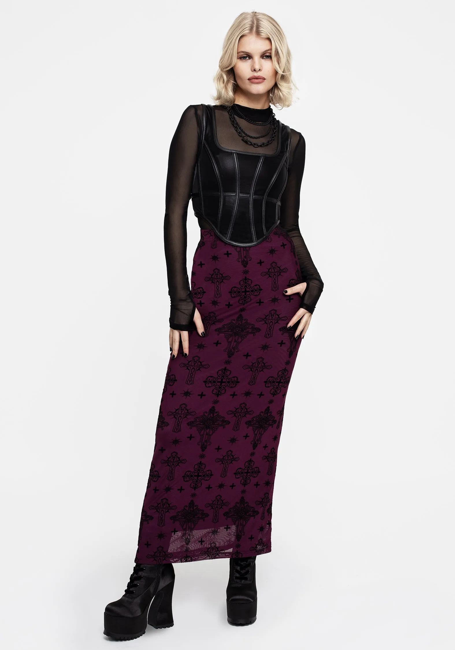 Priestess Flocked Mesh Maxi Skirt - Purple Functional Detail Fashion Energy