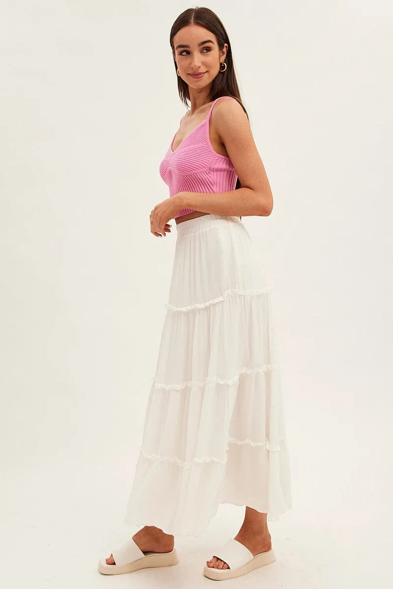 White Maxi Skirt High Rise Tiered Editorial Look