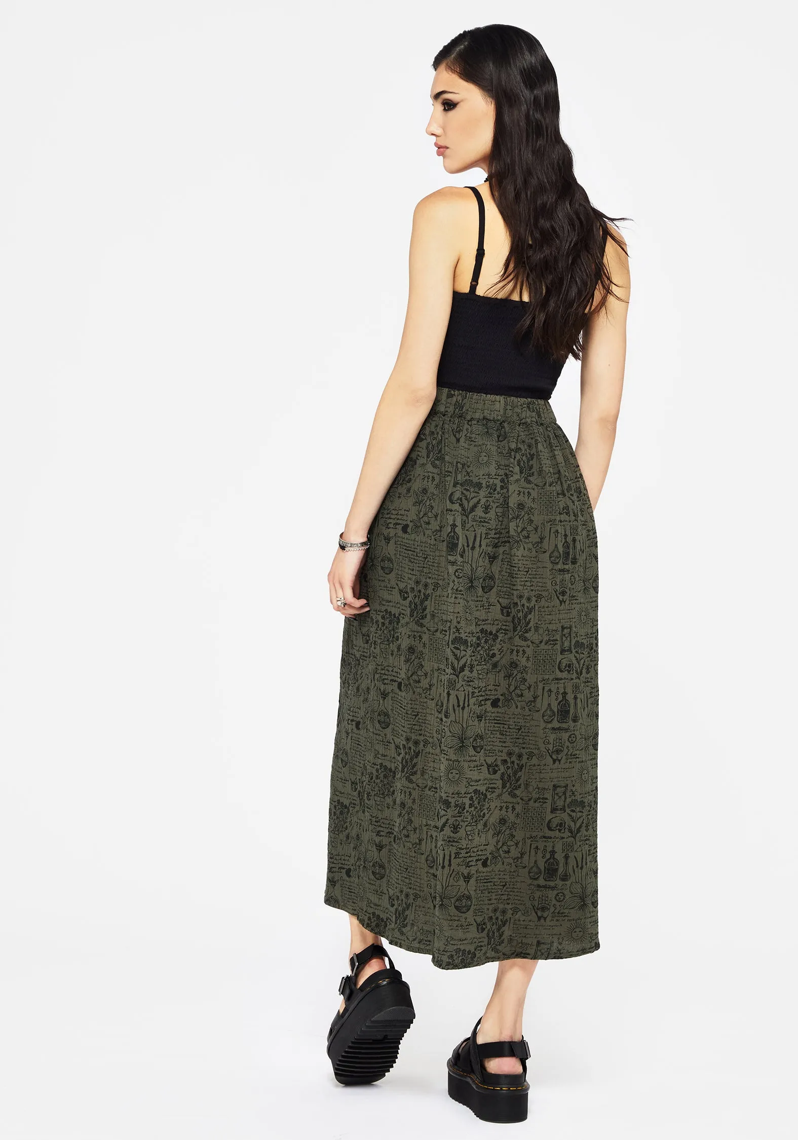 Faux Leather Bold Details Taddea Cotton Side Button Up Maxi Skirt