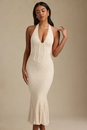 AntiStaticMaterial Halterneck Corset Lace Midaxi Dress in Ivory