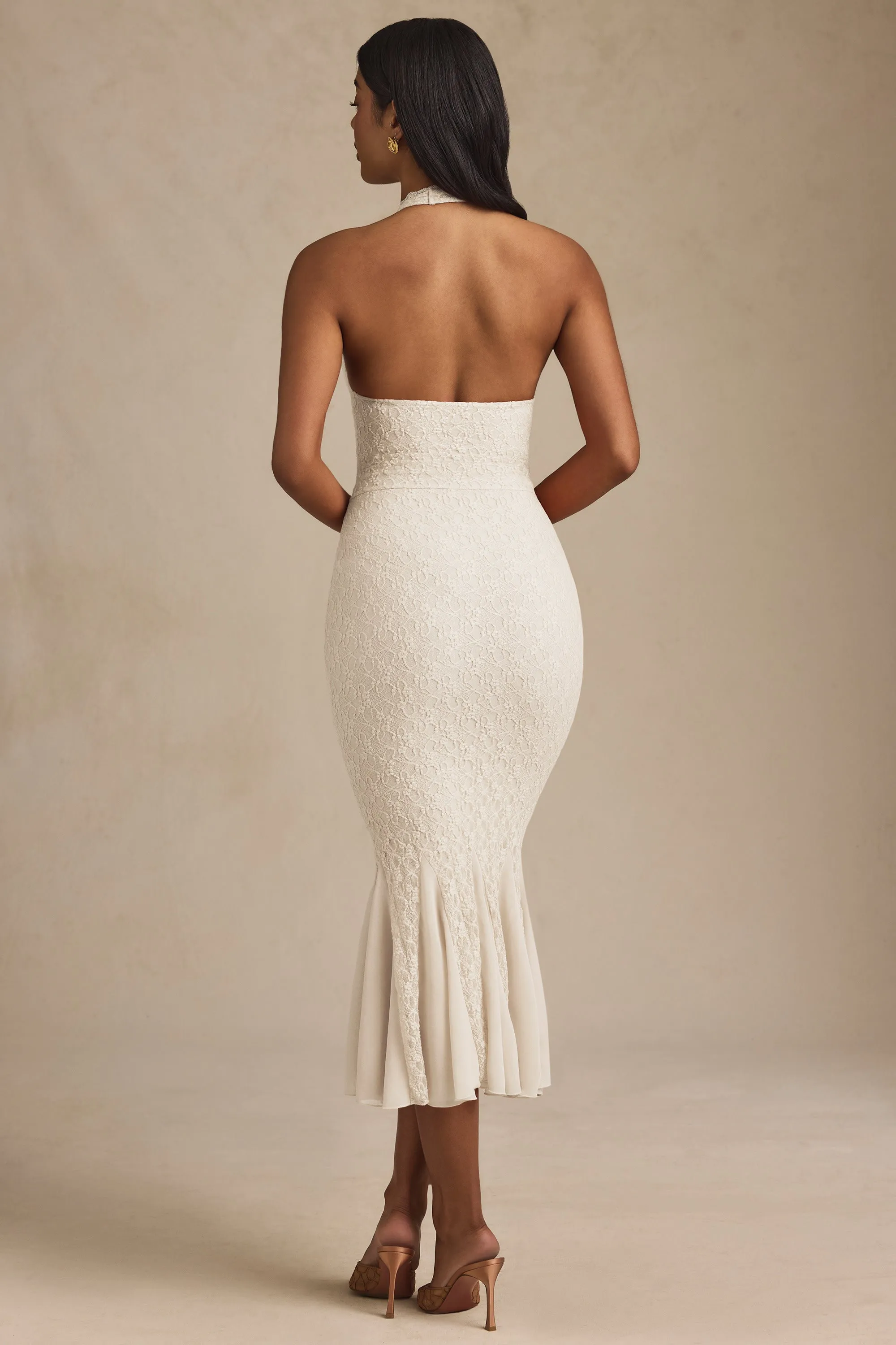 Durable Construction AI Style Halterneck Corset Lace Midaxi Dress in Ivory