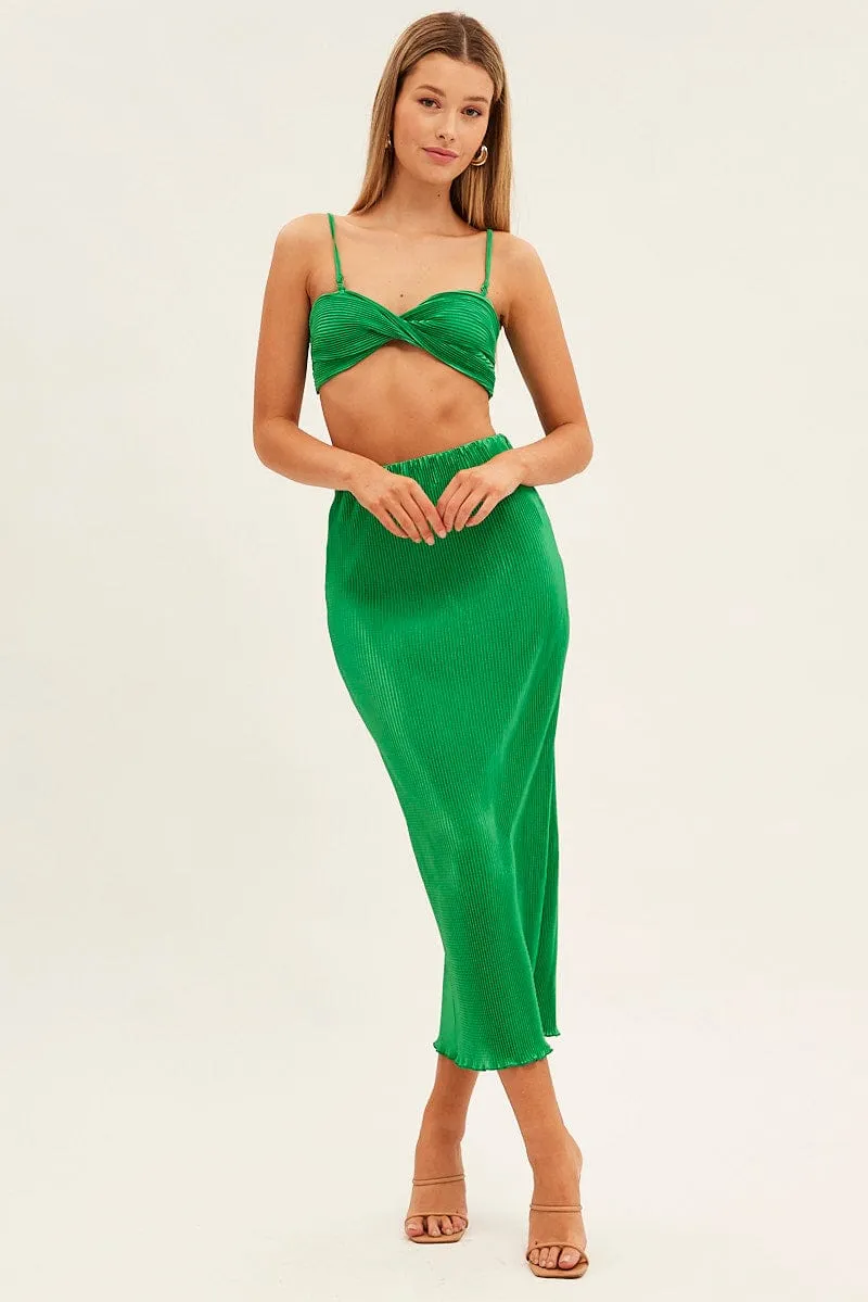 Daily Style Green Plisse Skirt Maxi High Rise