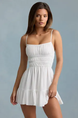 Shirred Camisole Mini Dress in White Short playful dress for vacations Party Glow