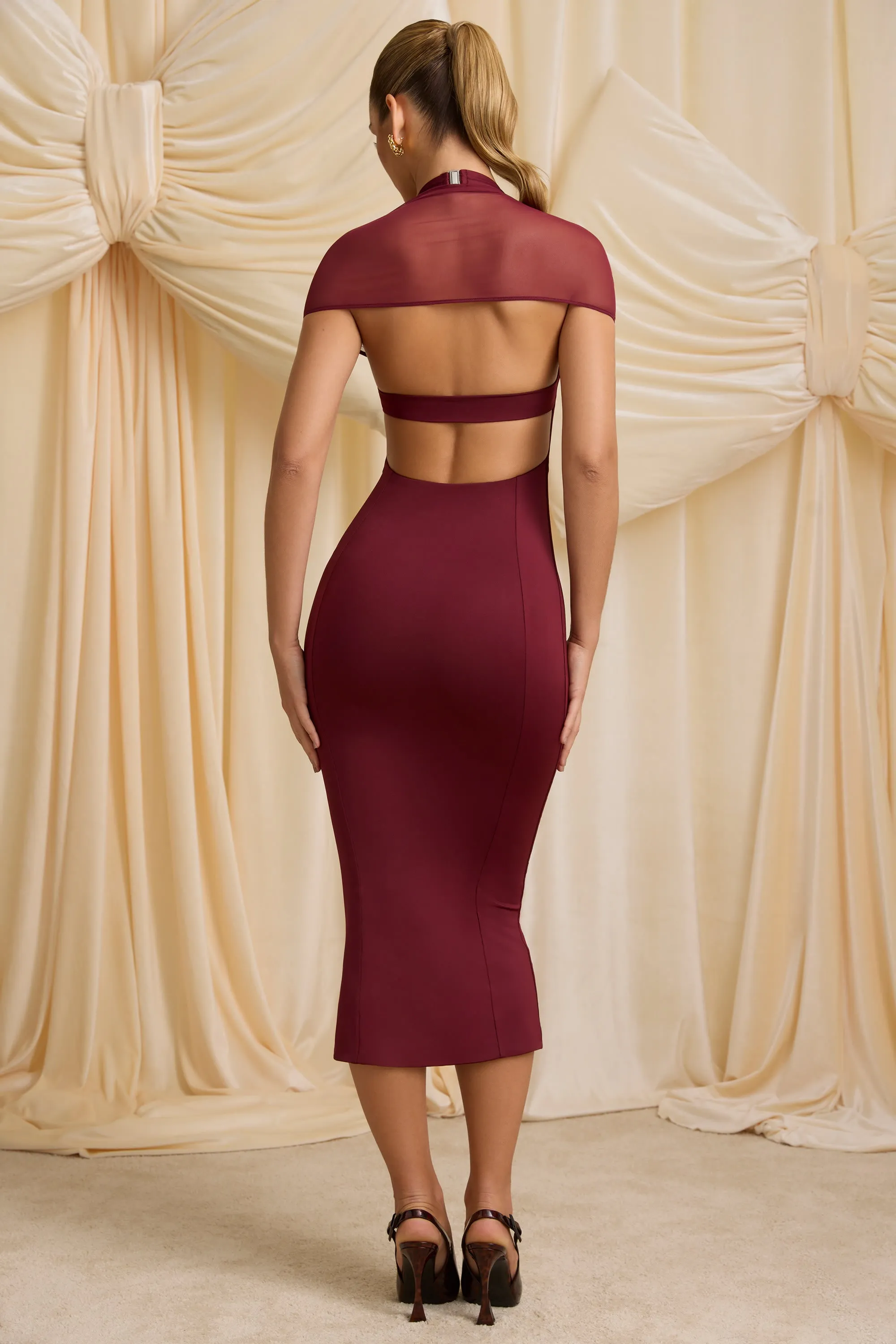 Slinky Jersey Open-Back Midaxi Dress in Wine Red Functional Design Organza Fit