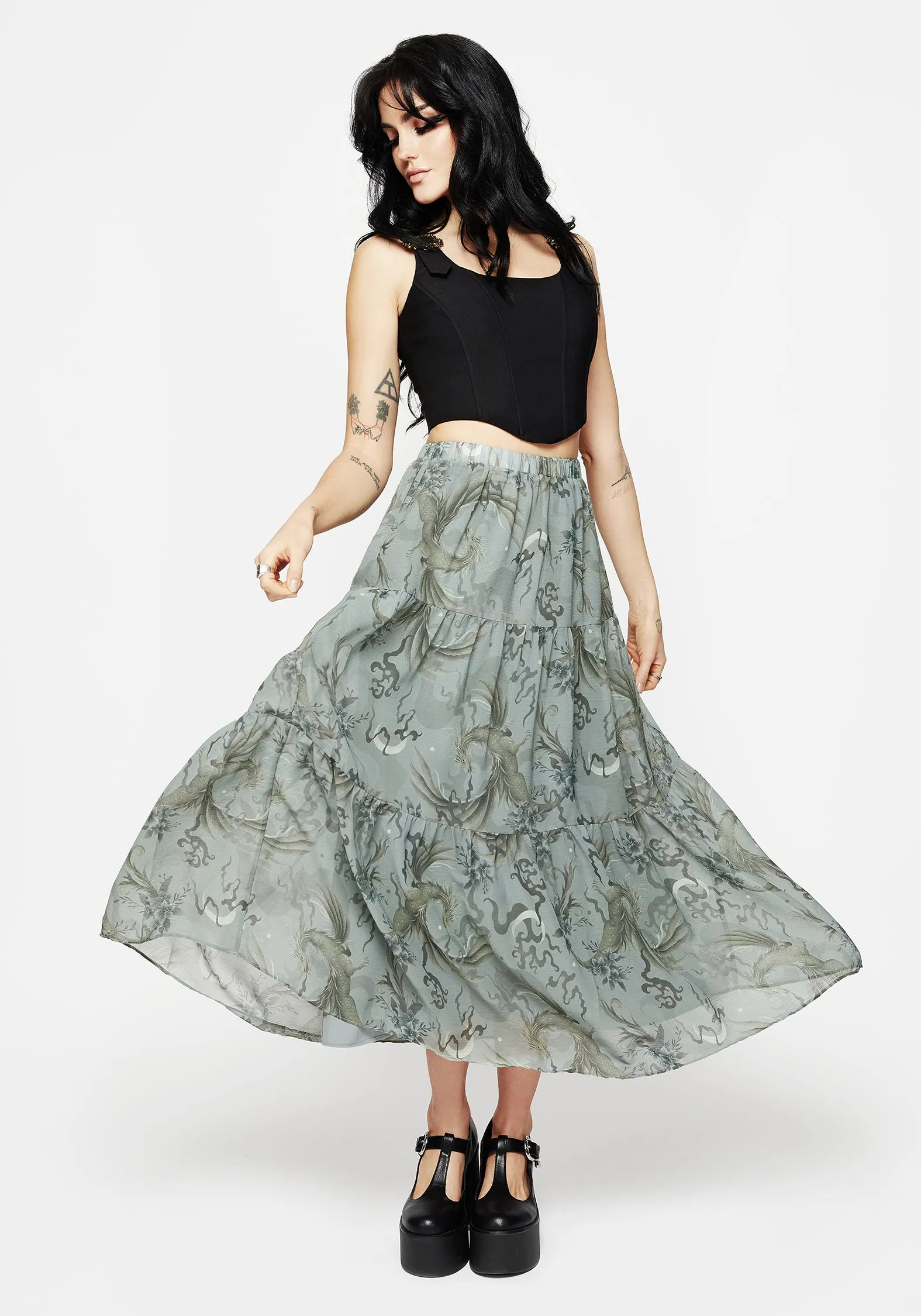 Sapphira Dragon Print Chiffon Tiered Maxi Skirt Fashion Week Ready