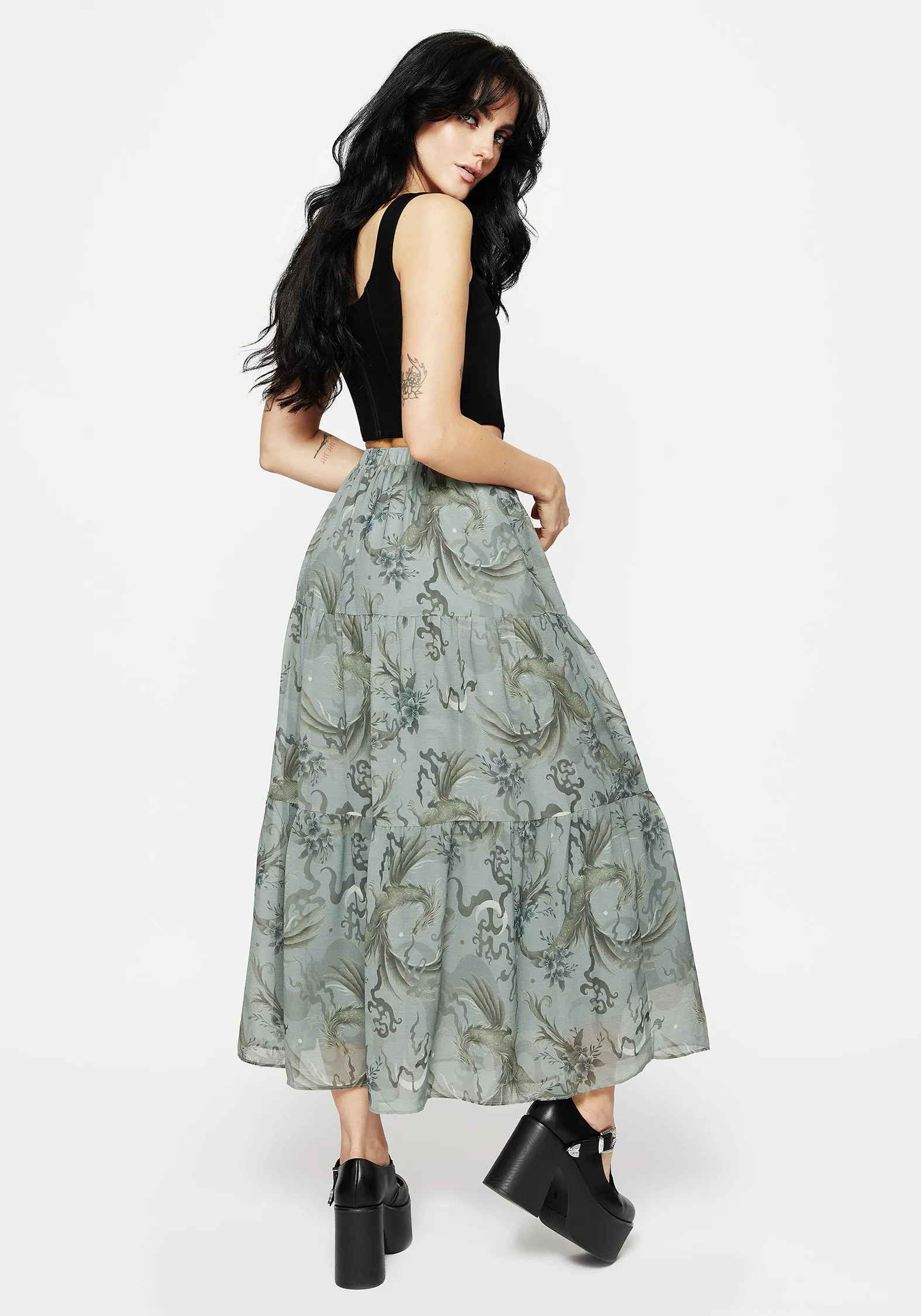 Modern Details Elegant Texture Sapphira Dragon Print Chiffon Tiered Maxi Skirt