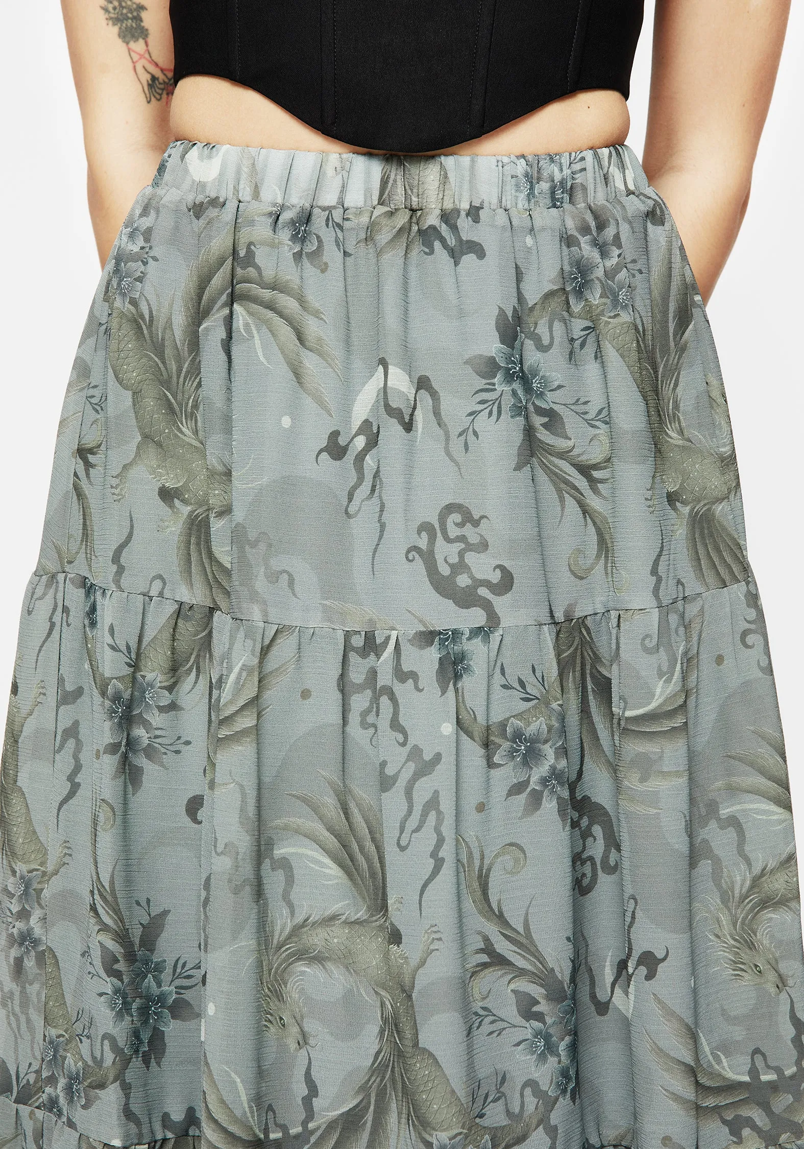 Sapphira Dragon Print Chiffon Tiered Maxi Skirt Seasonal Layering
