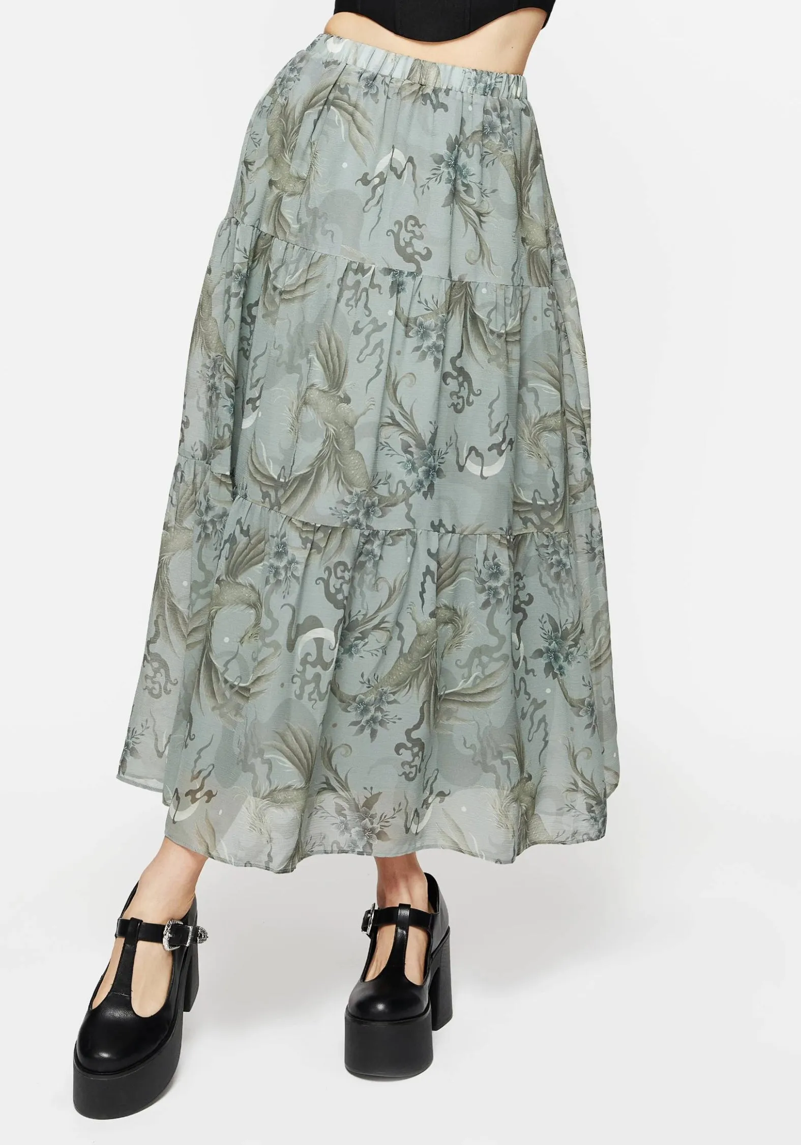 Sapphira Dragon Print Chiffon Tiered Maxi Skirt Tiered hem Clean Mood