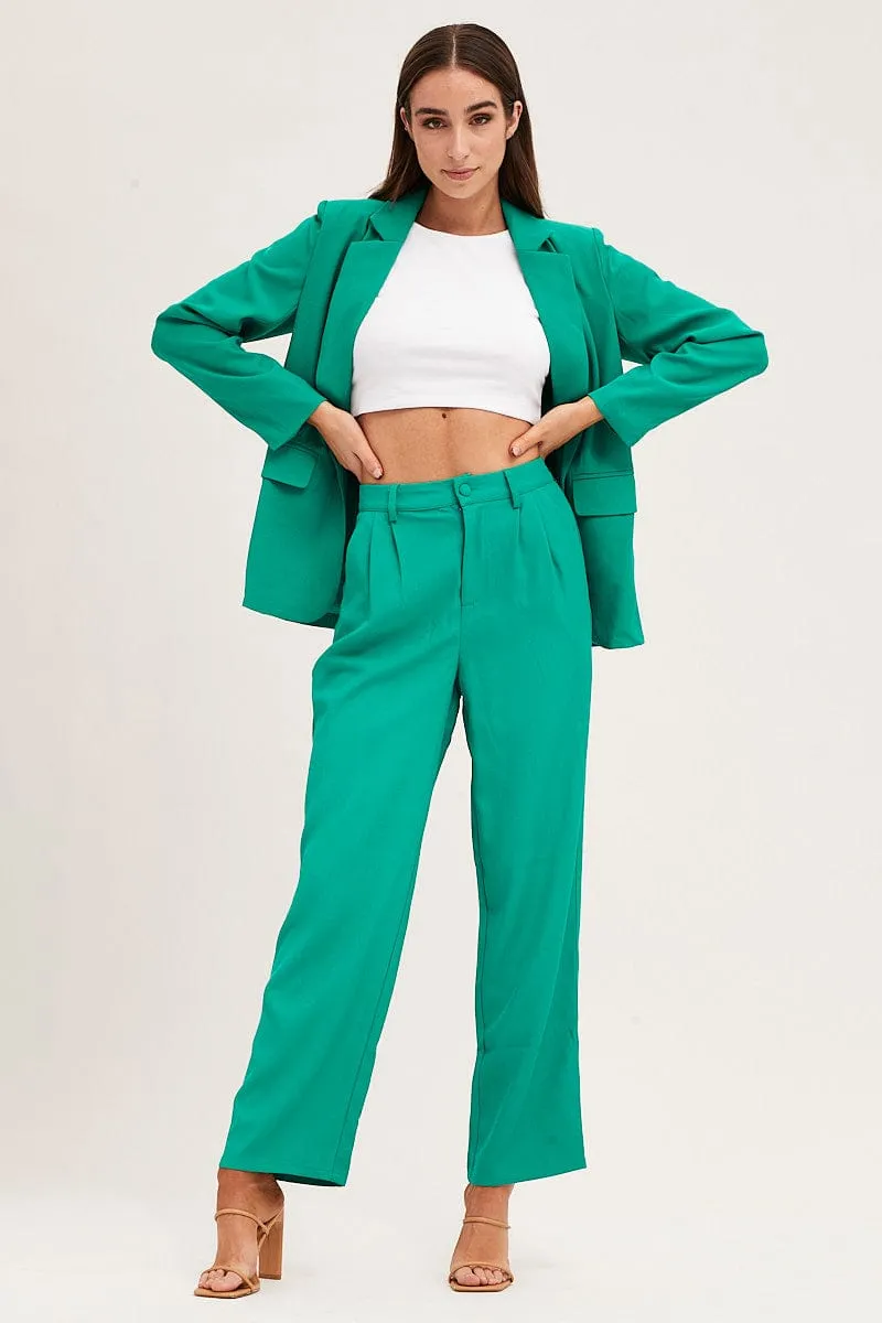 Green Pleat Detail High Waist Pant Flexible Durability
