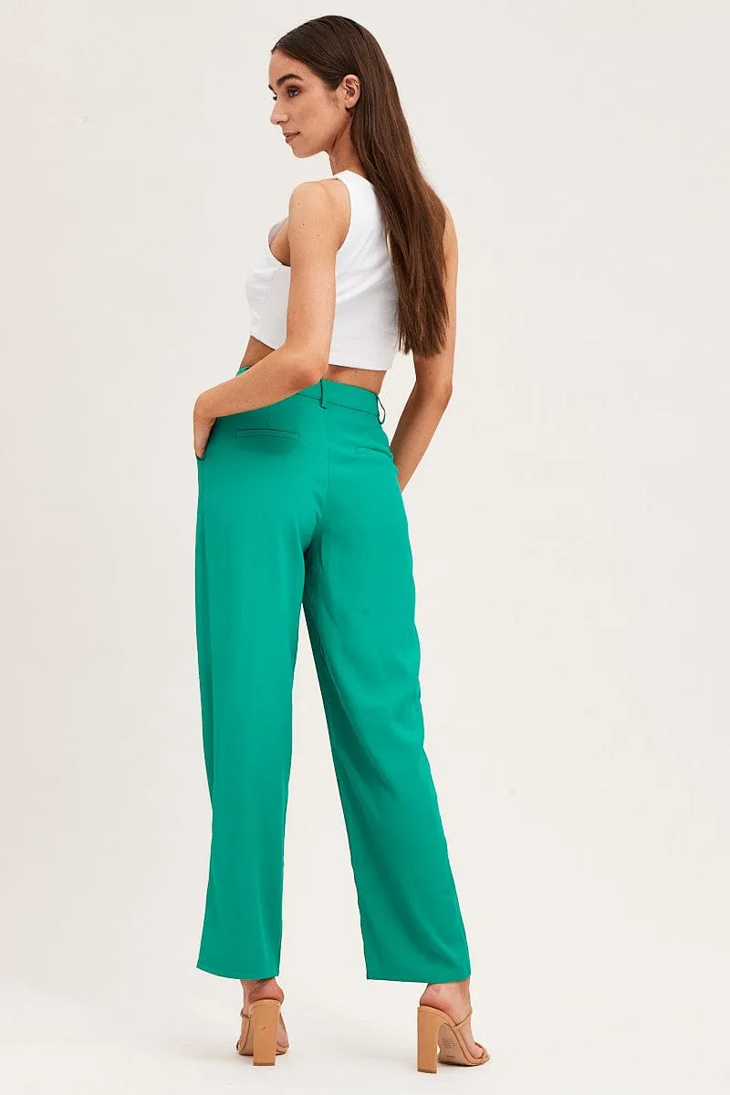 Simple Utility Layered Style Green Pleat Detail High Waist Pant