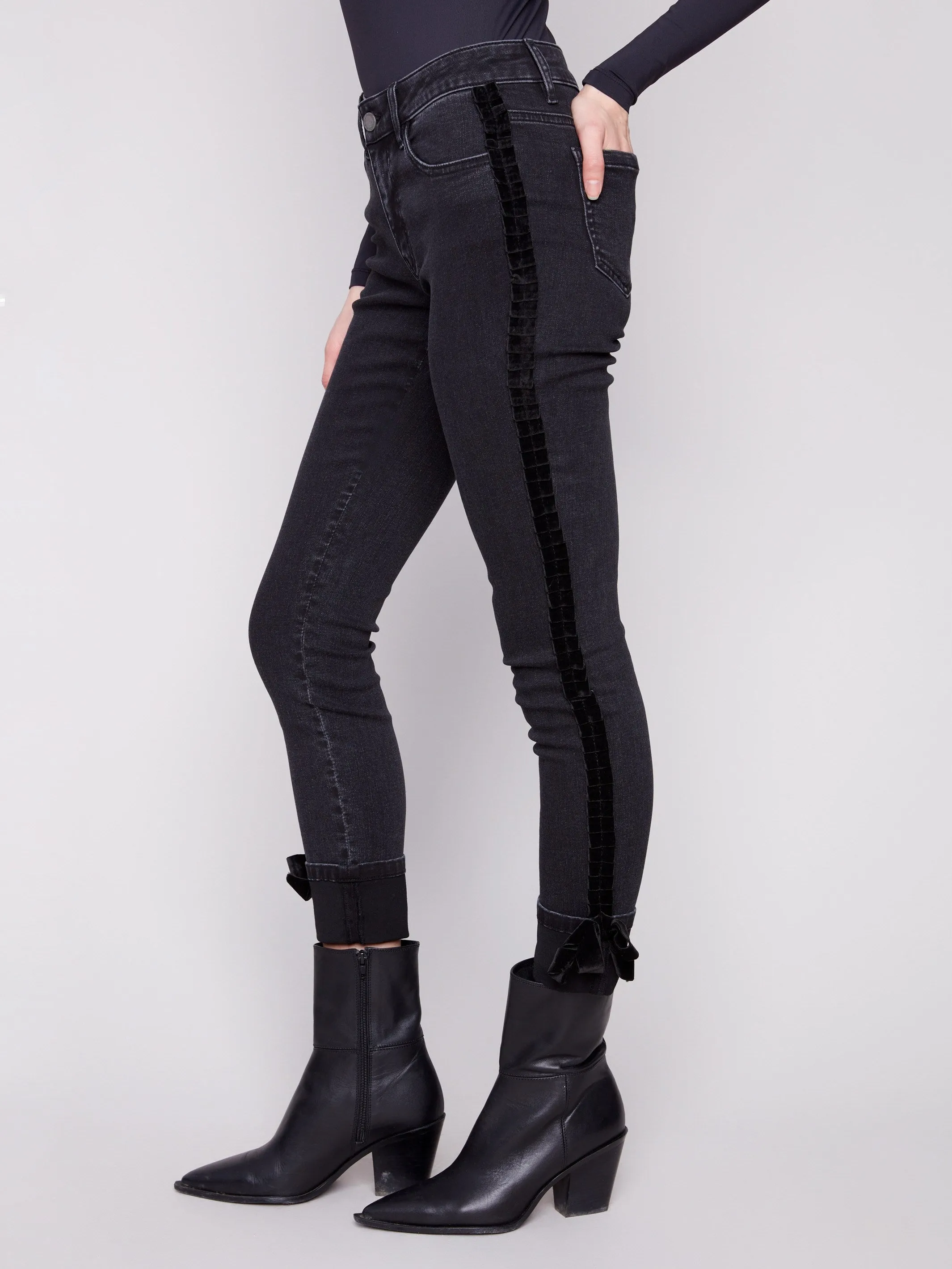 No Gap Waistband Slim Leg Jeans With Velvet Bow - Charcoal