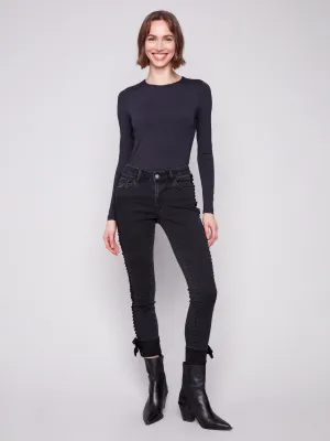 Softened Seams Relaxed Look Slim Leg Jeans With Velvet Bow - Charcoal