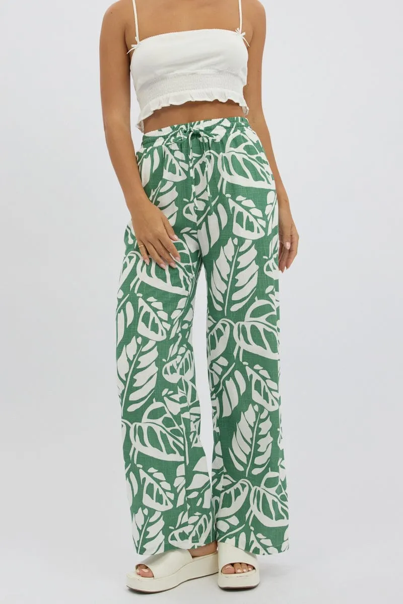 Green Abstract Wide Leg Pants Elasticated Waist SmoothZipper